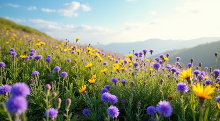 Purple and yellow flowers in a field with mountains in the background