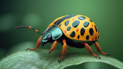 Naklejka premium Highly detailed close up view of a colorful spotted ladybug insect perched on a lush green leaf