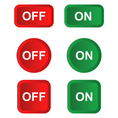 Green ON and Red OFF Button Icon Set, Isolated on White Background, Vector Illustration with Different Shapes for User Interface Design or Power Control Symbols
