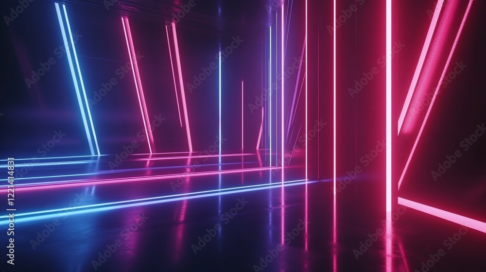 Poster abstract futuristic background with glowing neon lights, creating a geometric design in a dark space