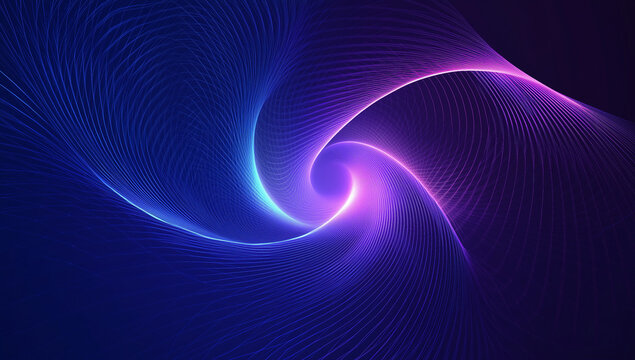 Abstract background with colorful lines and blue geometric shapes on a dark purple gradient,