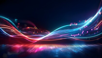 Neon Wave abstract background, Isolated on a dark background, colorful Neon wave with glow, Technology, network, internet concept, Copyspace with empty table 