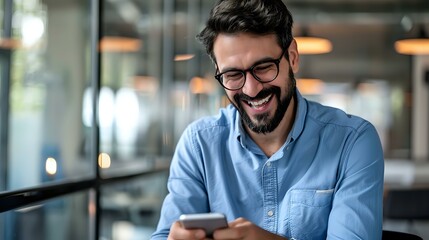 Young bearded professional in glasses using smartphone with genuine smile, perfect for business, technology, and modern lifestyle advertising campaigns in office setting.