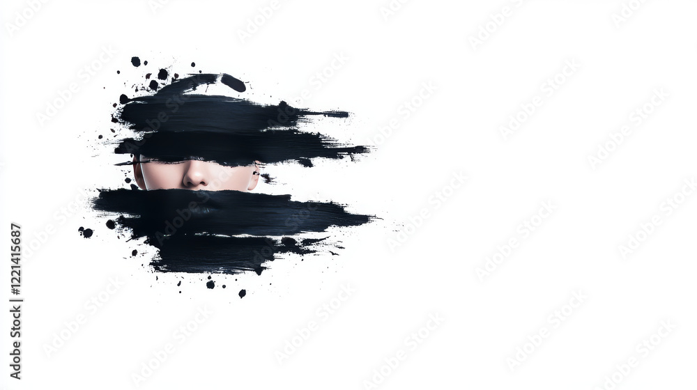 Poster abstract and minimalist portrait with black paint strokes obscuring features