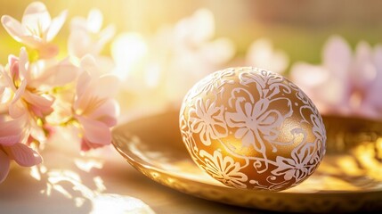 A close-up shot of a beautifully decorated Easter egg on a golden plate, surrounded by soft pastel flowers. The egg’s intricate patterns glow gently, casting delicate shadows on the surface.