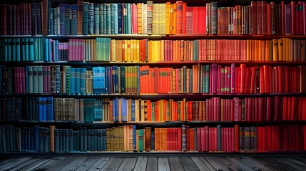 Colorful rainbow spectrum of books arranged on wooden library shelves, perfect for education, knowledge and literature concepts in modern interior design.