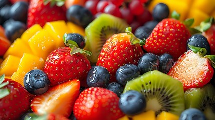 Fresh colorful fruit mix with strawberries, blueberries, kiwi and mango creates vibrant healthy food background perfect for menu design, packaging or healthy lifestyle blogs.