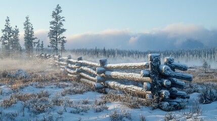 Frosty log fence, winter sunrise, snowy field, misty mountains
