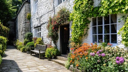 Fototapeta premium Stone Cottage Garden Pathway Bench Flowers