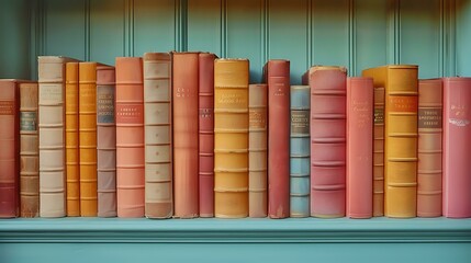 Vintage hardcover books in pastel colors arranged on turquoise wooden shelf, perfect for education, library, or bookstore design projects and reading concepts background.