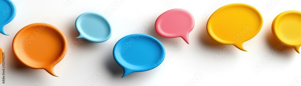 Poster colorful speech bubbles in various sizes arranged horizontally, adding a playful and creative touch 