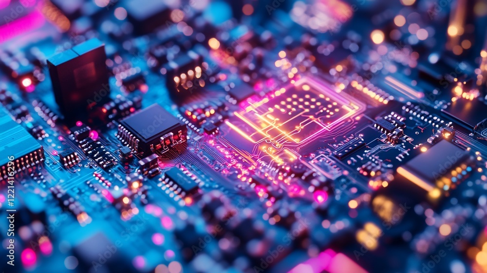 Poster close-up detailed view of an electronic circuit board with glowing pathways and components