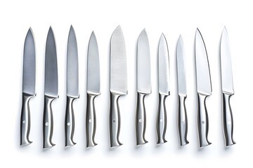 Collection of stainless steel kitchen knives isolated on a white background.