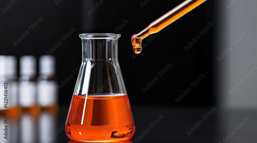 Poster precise dropper: a single drop of orange liquid falls from a pipette into a laboratory flask, creati