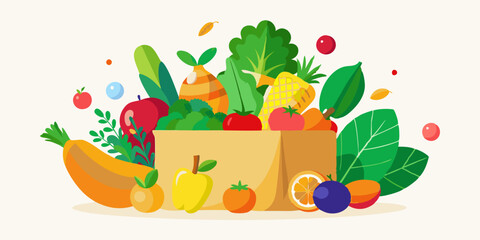 Healthy food background. Fresh Produce in Paper Grocery Bag – Vibrant Fruits and Vegetables Illustration.