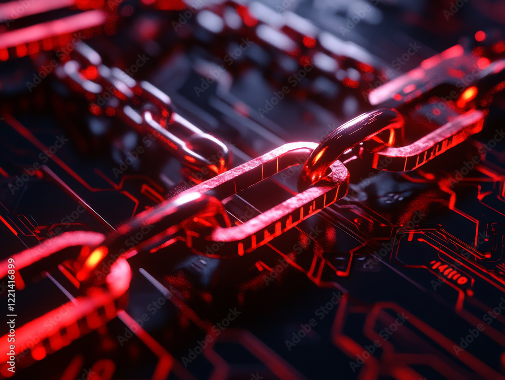 Poster futuristic digital chain links glowing in red on circuit board background