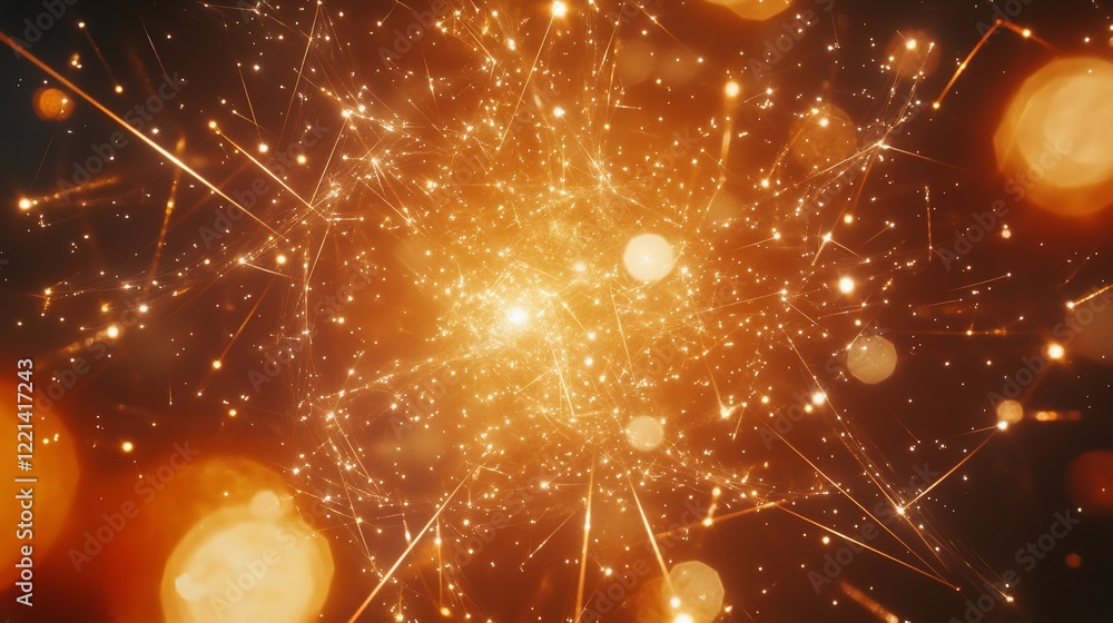 Poster abstract golden sparkling particles with bright bokeh and lens flares on dark background