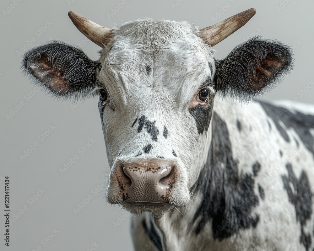 Poster realistic close-up portrait of a domestic cow with distinctive black and white patterns and expressi