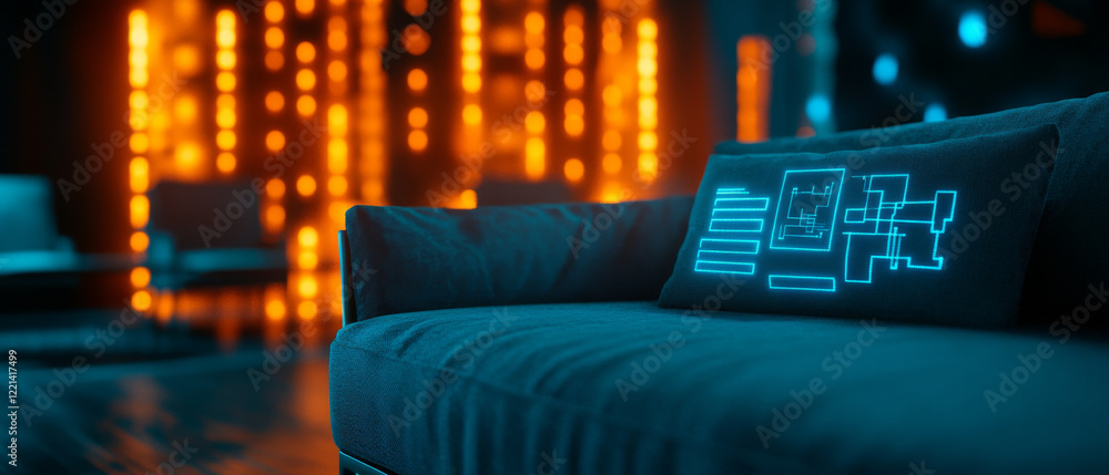 Poster modern sofa with glowing cushion design in futuristic setting, featuring vibrant orange lights in ba