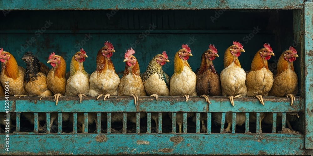 Poster row of colorful chickens sitting on a rustic wooden perch inside a crate highlighting their feathers