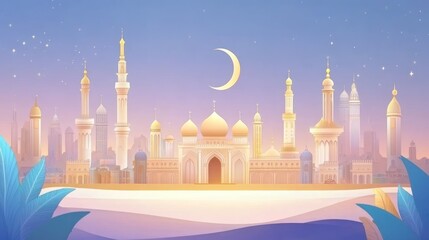 Naklejka premium Majestic Mosque Cityscape Under Crescent Moon And Stars