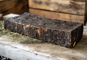 Fototapeta premium Rustic Block of Dark Aged Cheese on Wooden Surface with Natural Elements and Subtle Hints of Texture, Showcasing the Artisan Craftsmanship and Flavorful Character of Traditional Cheese-Making