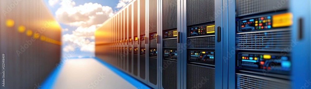Poster a modern data center featuring rows of servers, illuminated by warm sunlight streaming through an op