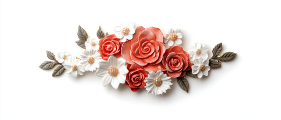 Delicate floral brooch featuring red roses and white daisies with leaves