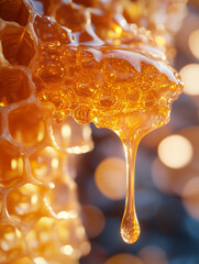 Golden honey drips from honeycomb, creating a sweet and golden cascade
