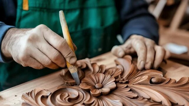 Craftsman hands working on detailed floral wooden ornament carving using traditional chisel tools, showing authentic artisan woodworking process.
