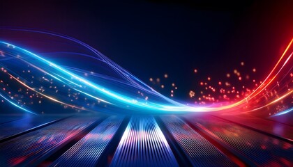 Neon Wave abstract background, Isolated on a dark background, colorful Neon wave with glow, Technology, network, internet concept, Copyspace with empty table 