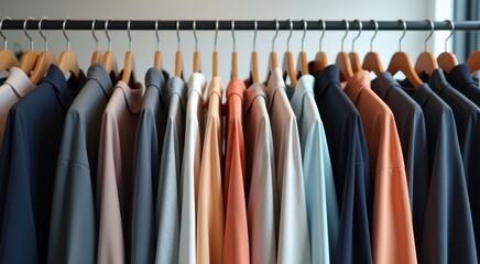 A close up of a rack of clothes with a variety of shirts
