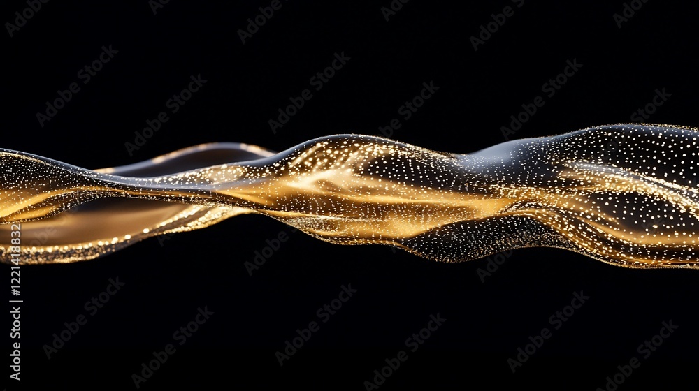 Poster abstract golden waves shimmering with light on a dark background, creating a fluid dynamic pattern