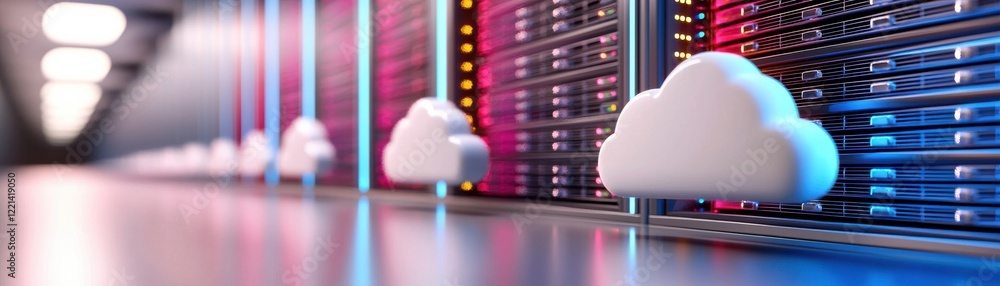 Poster a vibrant data center scene featuring servers and cloud icons, symbolizing cloud computing and digit
