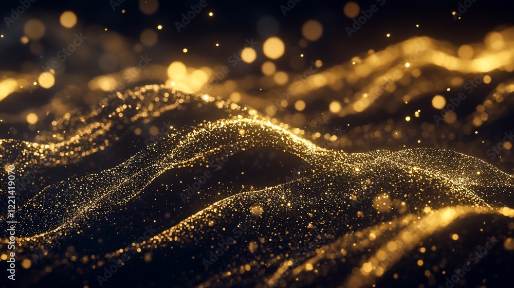 Poster abstract golden particles flowing in waves on a dark background minimal art