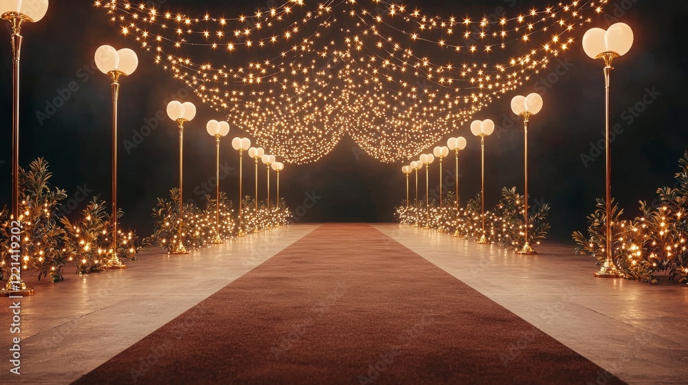 Aufkleber a beautifully illuminated pathway adorned with strings of lights and elegant lamp posts, leading to 