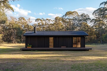 A secluded cabin with a simple rectangular form, dark timber cladding, and a flat roof