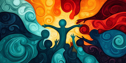 Abstract illustration of group of figures with outstretched arms surrounded by swirling patterns,symbolizing empowerment,community,emotional connection,collective support psychological,social themes