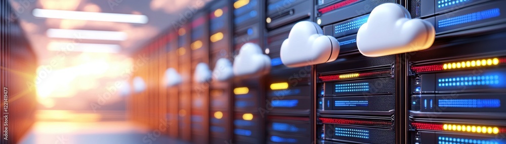 Poster a modern server room with cloud icons, showcasing advanced technology and data storage solutions, il