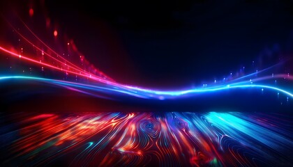 Neon Wave abstract background, Isolated on a dark background, colorful Neon wave with glow, Technology, network, internet concept, Copyspace with empty table 