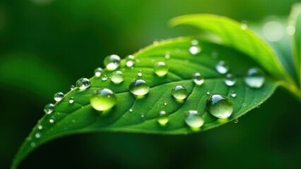 Fototapeta premium Macro photography of dew drops on green leaf 