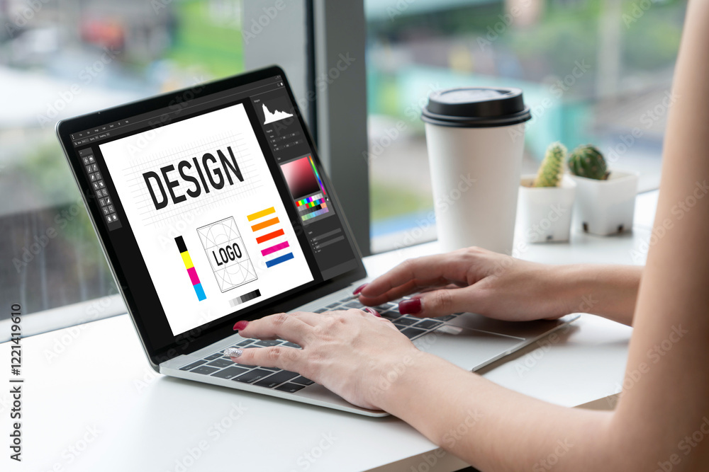 Poster graphic designer software for modern design of web page and commercial ads showing on the computer s