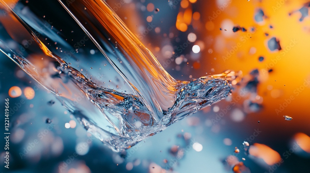 Poster dynamic abstract silver and orange futuristic art with flowing liquid and bokeh effect