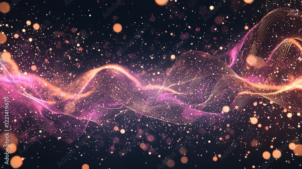 Poster a captivating abstract background featuring flowing lines and glowing particles in shades of pink an