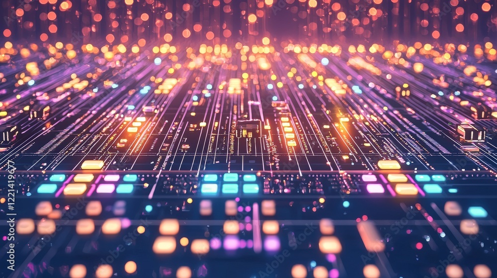 Poster a captivating abstract image showcasing a vibrant digital landscape filled with colorful lights and 