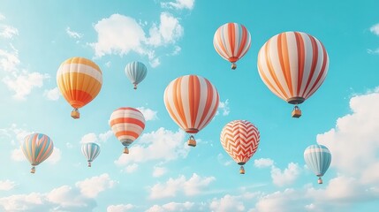 Obraz premium A breathtaking scene featuring colorful hot air balloons soaring in a clear blue sky, surrounded by fluffy clouds, evoking a sense of adventure and freedom.