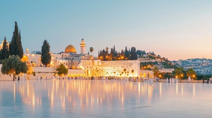 Obraz premium A breathtaking view of a historic site during sunset, showcasing ancient architecture and serene reflections, creating a peaceful atmosphere.