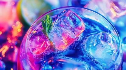 A close-up shot of a cocktail with neon-colored liquid swirling in a sleek glass, glistening ice cubes, and glowing garnishes of lime and mint floating on top, illuminated by vibrant light.