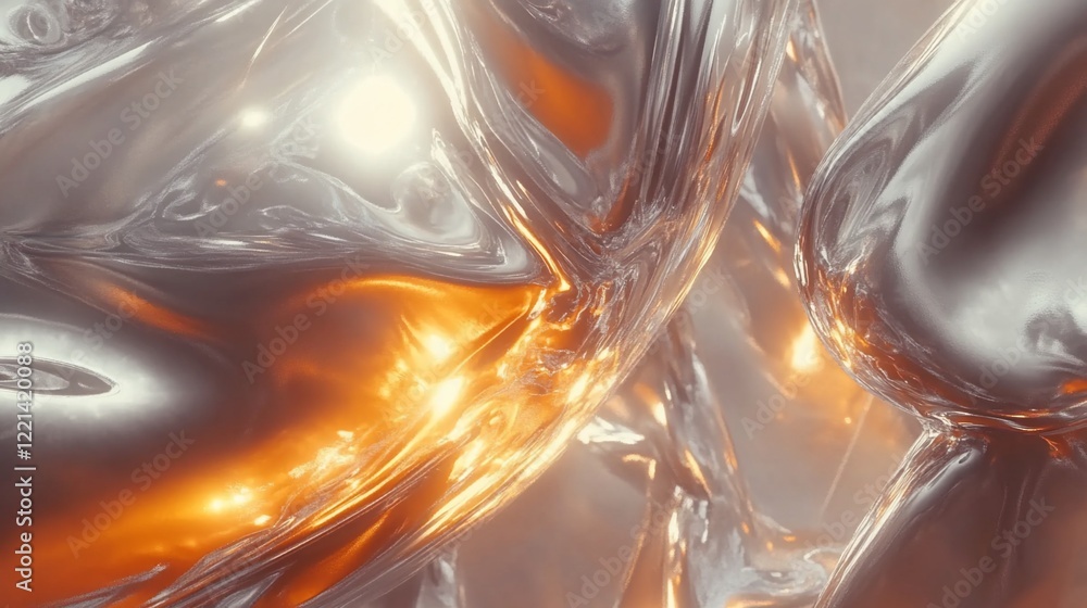 Poster abstract fluid forms in silver and gold with luminous highlights creating a sense of depth