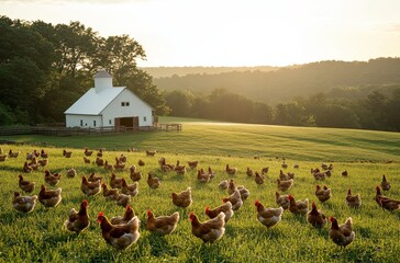 Serene Farm Landscape with Chickens Grazing Freely on Lush Green Grass in Front of a Charming White Barn Under a Beautiful Sunrise Sky